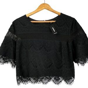 Express Black Lace Short Sleeve Crop Top G embroidered